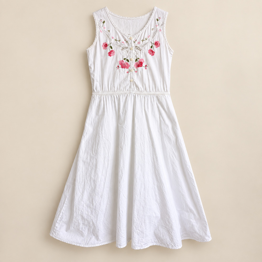 Vintage 90s Dragonfly White Cotton Embroidered Midi Dress Made USA M